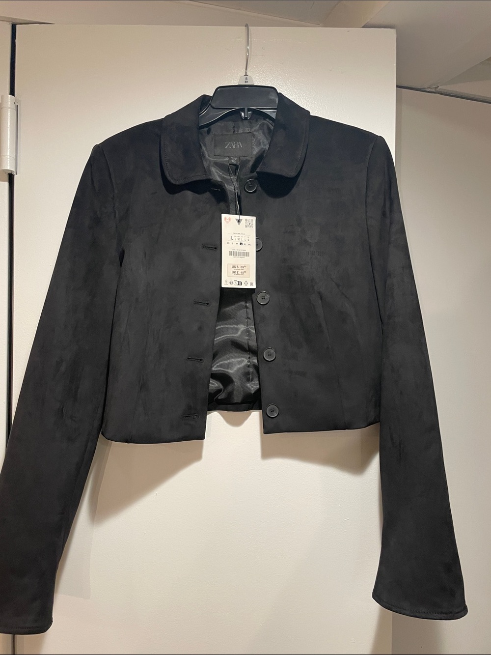 ZARA Black suede Cropped Button-Front Jacket